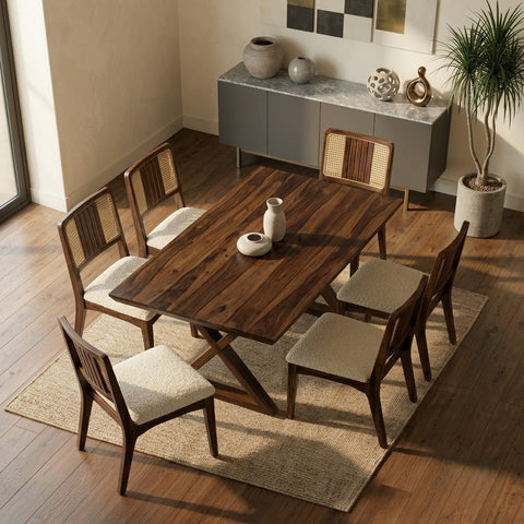 Modern Dark Walnut dining table set with upholstered chairs