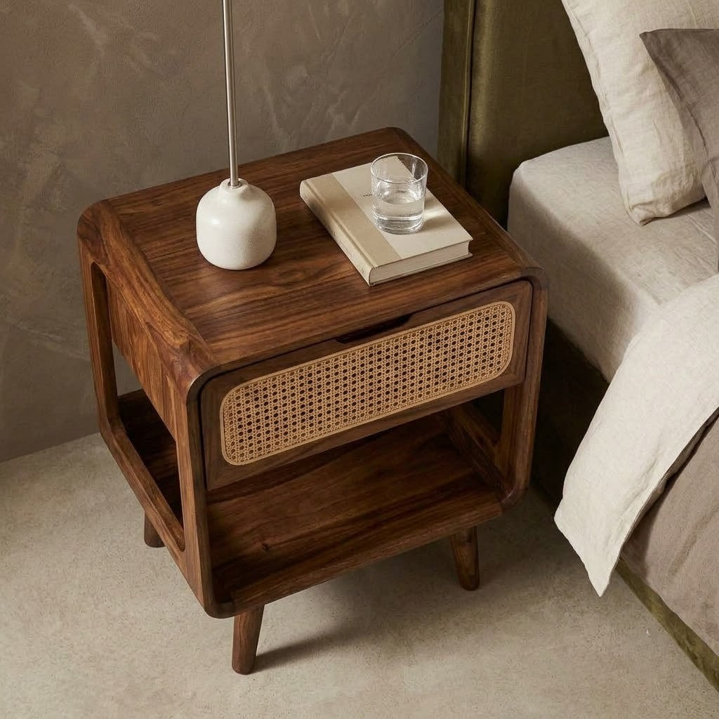 Modern Dark Walnut wooden bedside table with storage