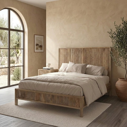 Modern Fluted Wood Bed Frame with Matching Nightstand | PRITI