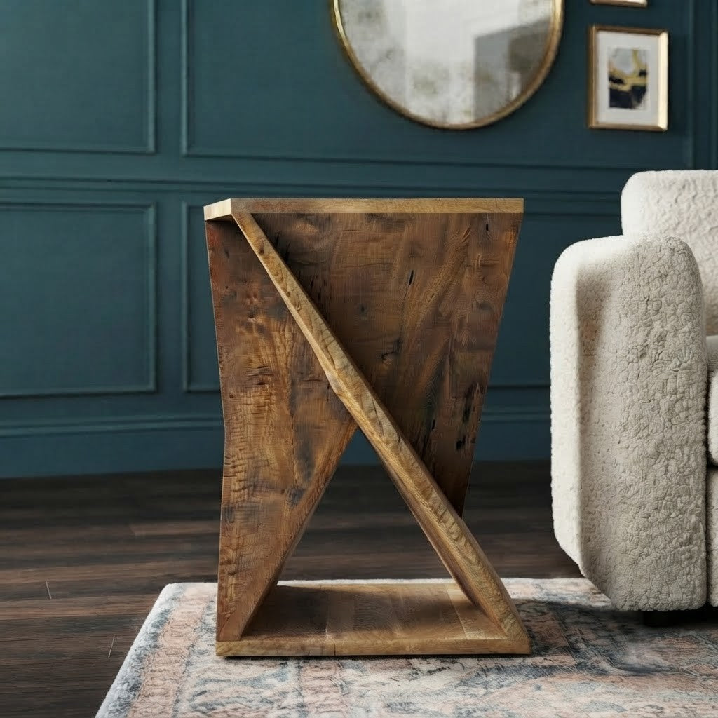 Modern Mango Wood Geometric End Table | PRITI Side Table for Living Room & Bedroom