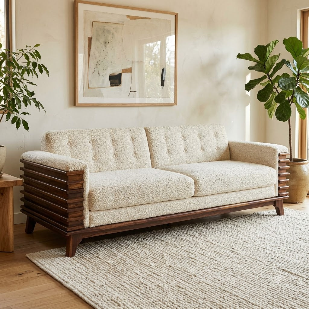 Modern Mango Wood Living Room Sofa with Crème Boucle Seating