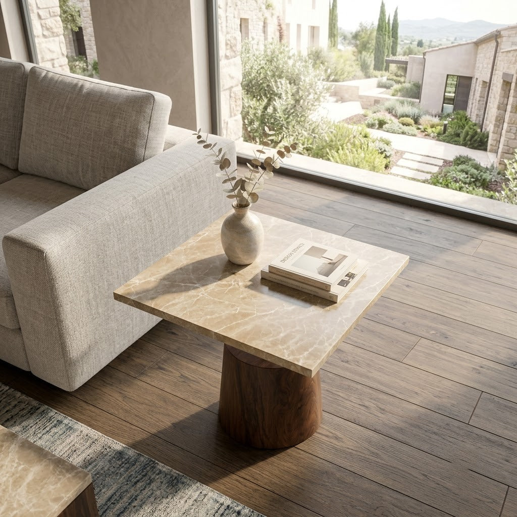 Modern Marble Side Table with Tapered Wood Pedestal | PRITI