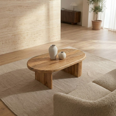 Modern Oval Coffee Table in Natural Wood | 118cm Living Room Table | PRITI
