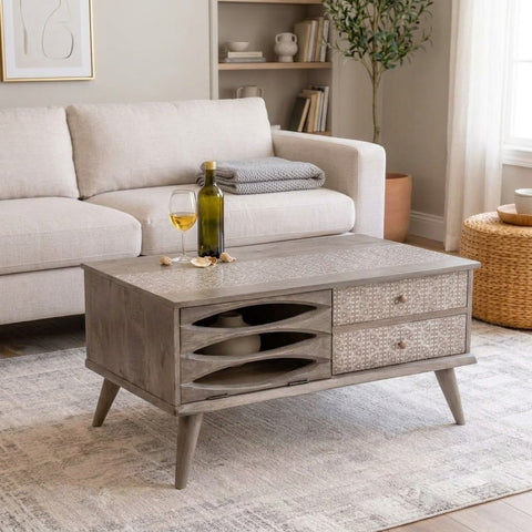 Modern PRITI wooden center table for living room with storage drawers