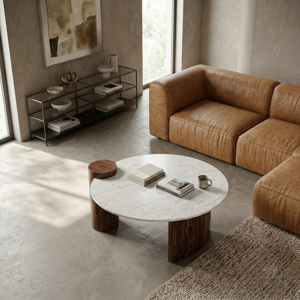 Modern Round Coffee Table – White Marble & Walnut Wood | PRITI Collection