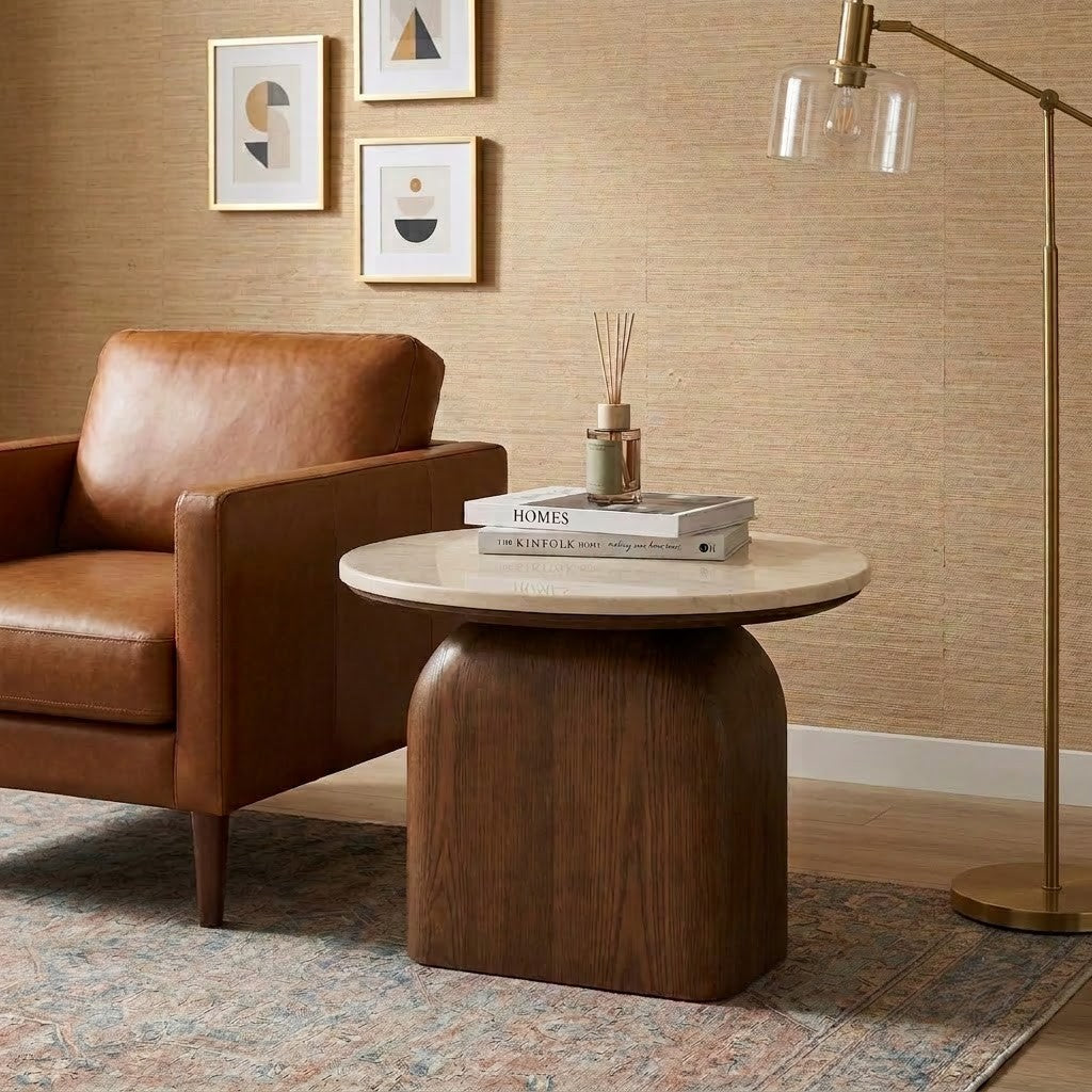 Modern Round Side Table – Travertine Marble & Dark Wood | PRITI