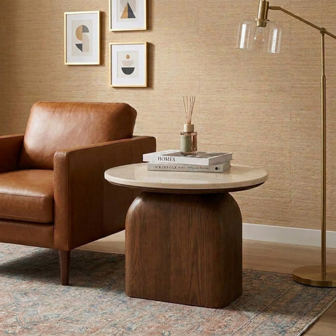 Modern Round Side Table – Travertine Marble & Dark Wood | PRITI