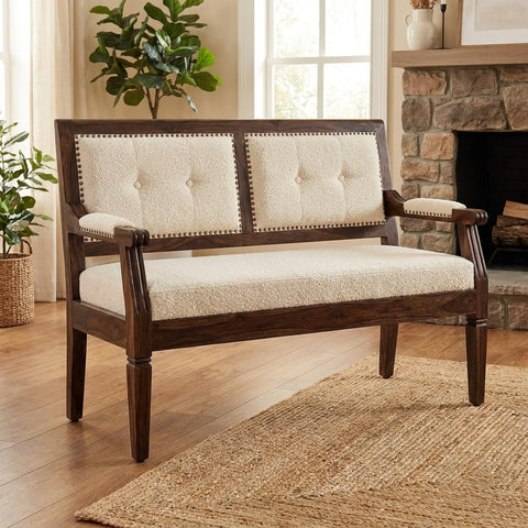 Modern Sheesham Wood Accent Bench for Living Room and Entryway in Dark Walnut Finish