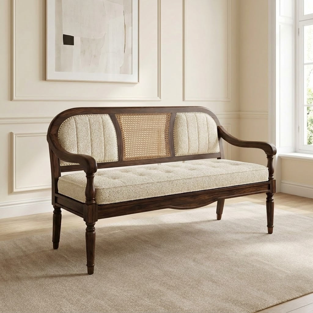Modern Sheesham Wood Accent Bench with Dark Walnut Finish and Cane Detailing