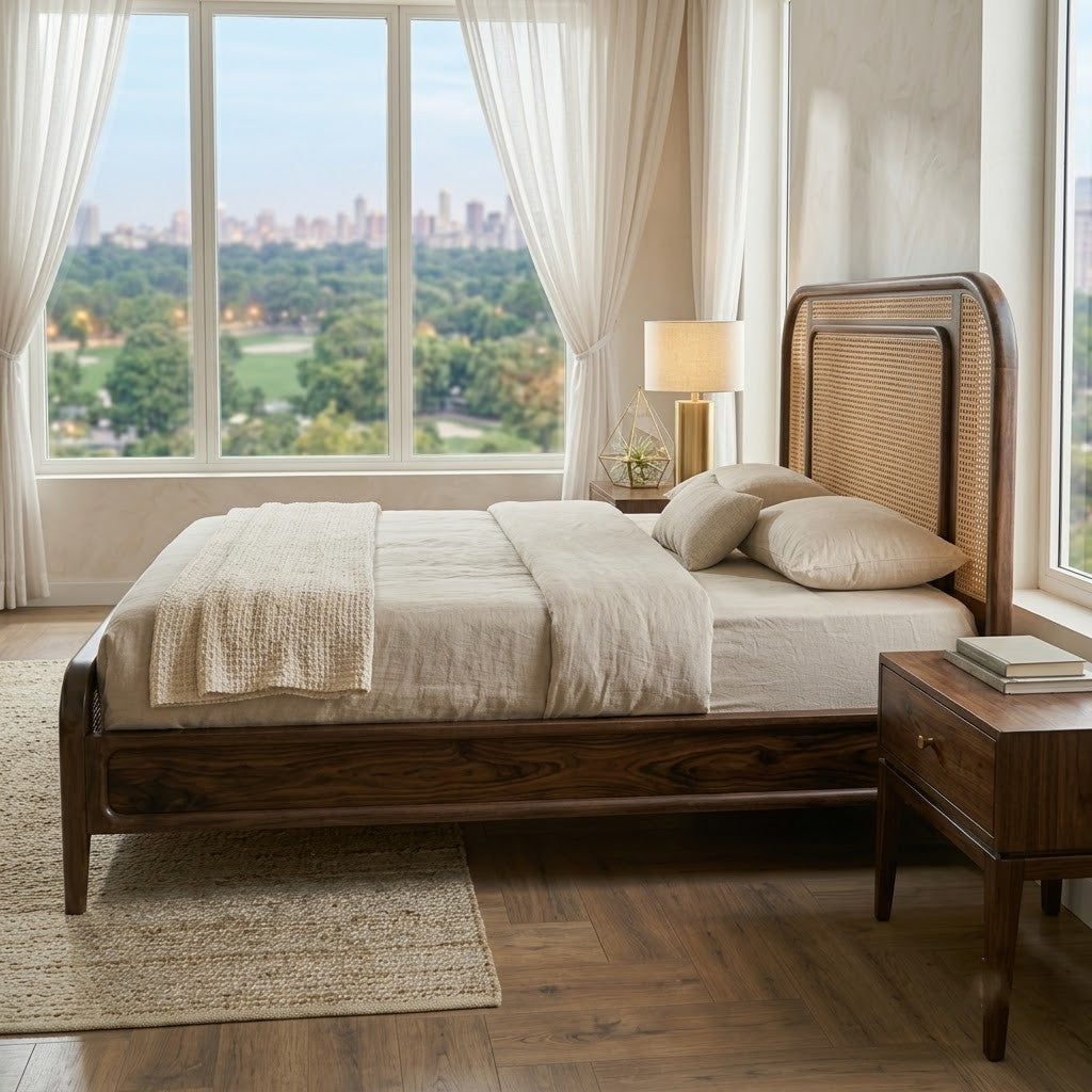 Modern Sheesham Wood Bed with Handwoven Cane Headboard – PRITI