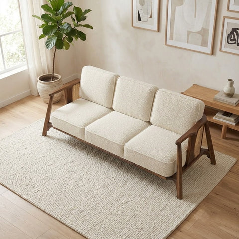 Modern Sheesham wood sofa with angled arms and woven side detailing
