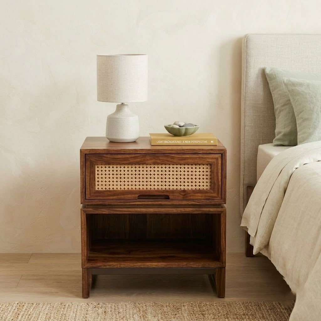 Modern Wooden Bedside Cabinet with Cane Front and Storage