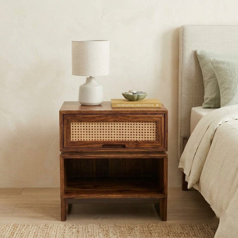 Modern Wooden Bedside Cabinet with Cane Front and Storage