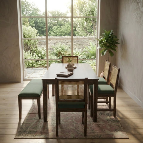 Modern Wooden Dining Table Set with Natural Cane Back Dining Chairs