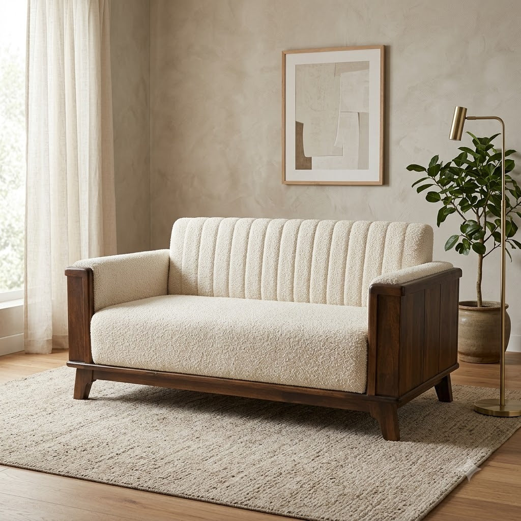 Modern beige two-seater couch with wooden frame for apartment interiors