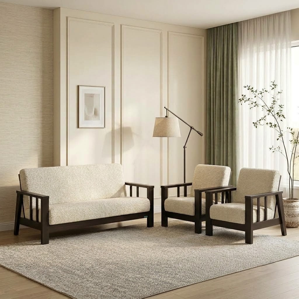 Modern five seater mahogany wood sofa set with crème boucle upholstery