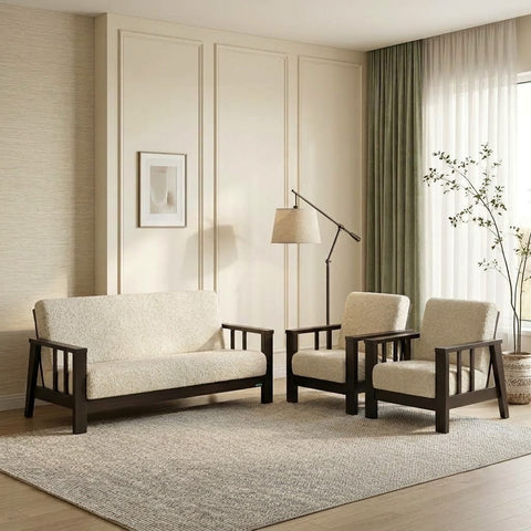 Modern five seater mahogany wood sofa set with crème boucle upholstery