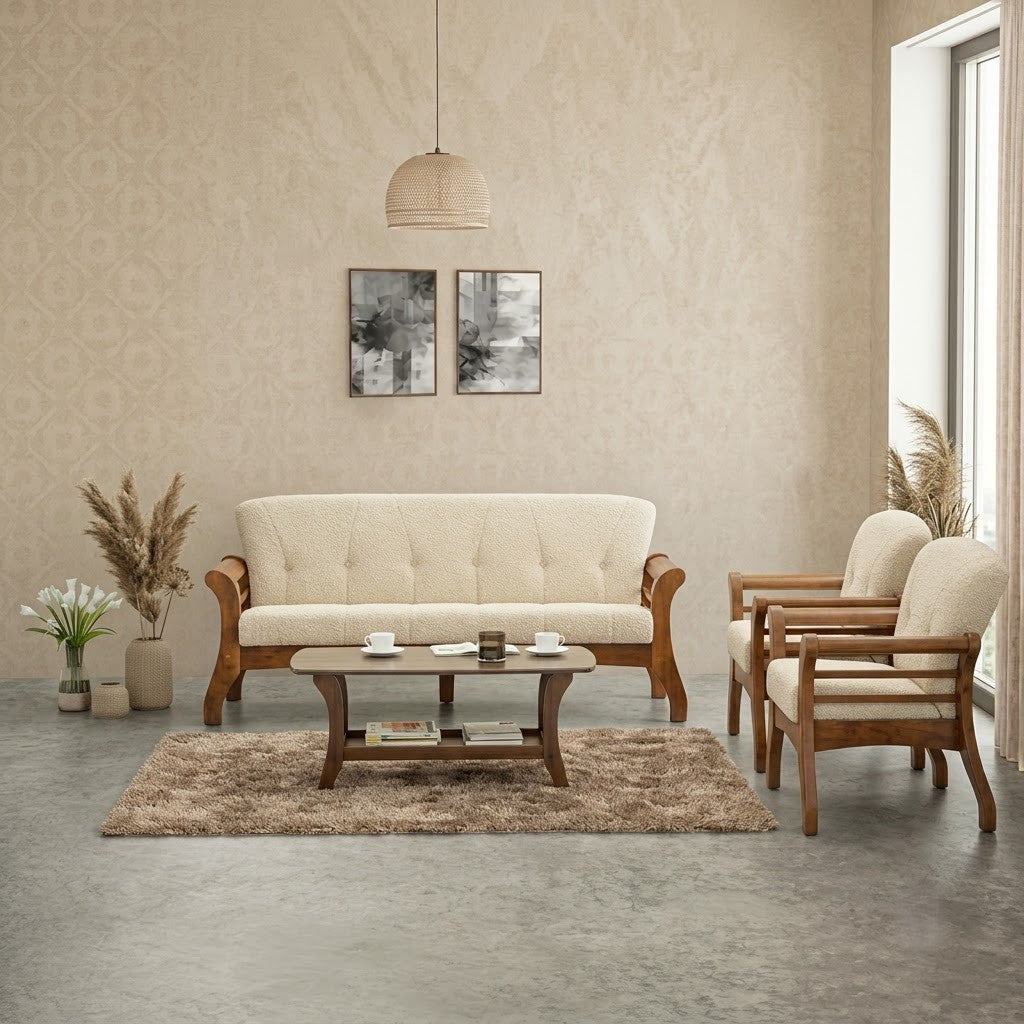 Modern five seater solid wood sofa set with cream boucle upholstery