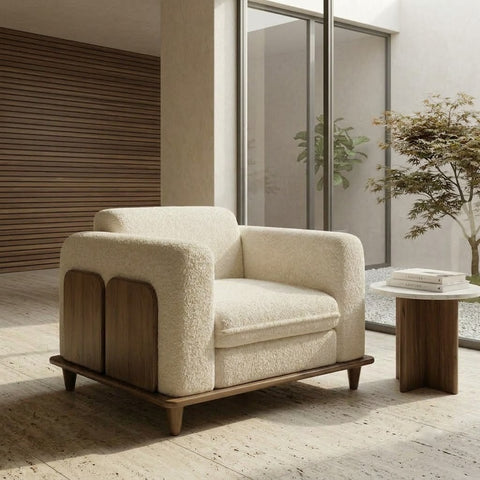 Modern hard wood sofa with premium Crème Boucle upholstery