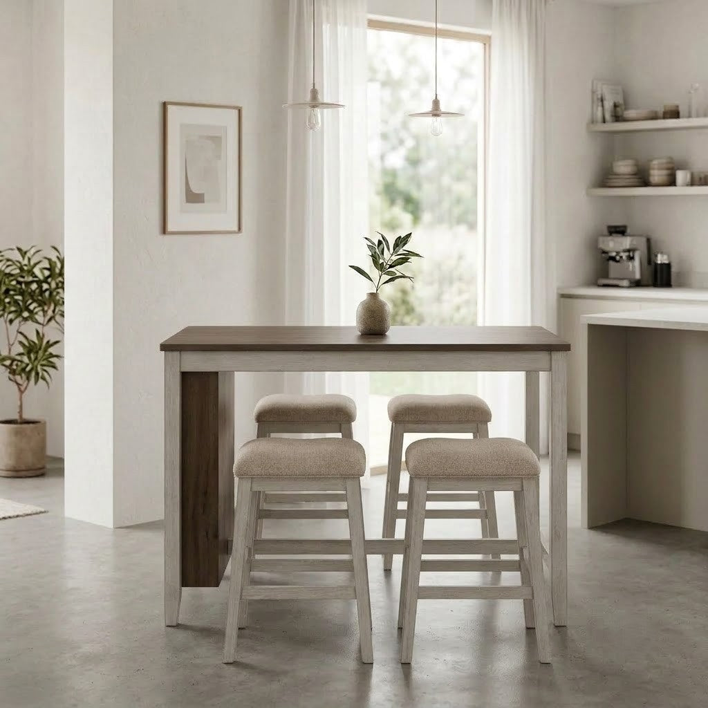 Modern kitchen counter table set with four matching dining chairs