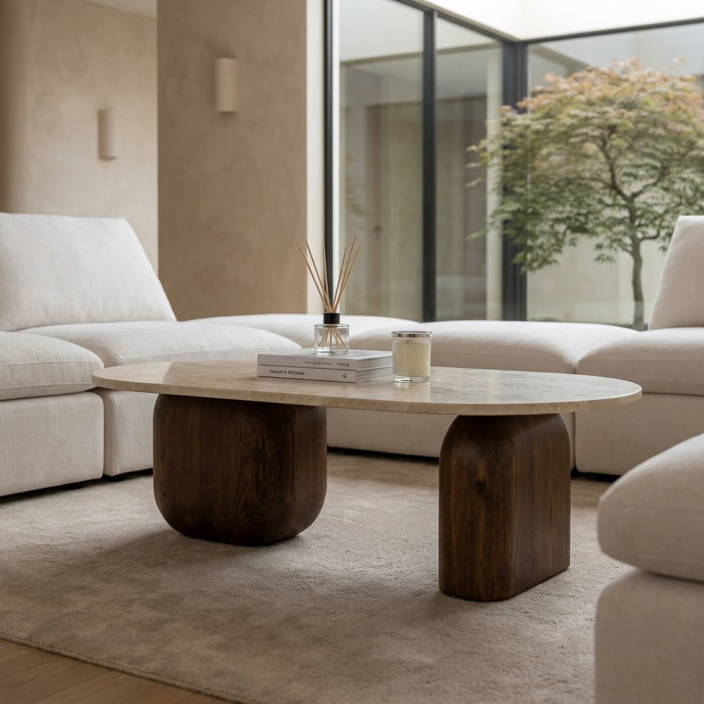 Modern oval marble coffee table with wooden base by PRITI