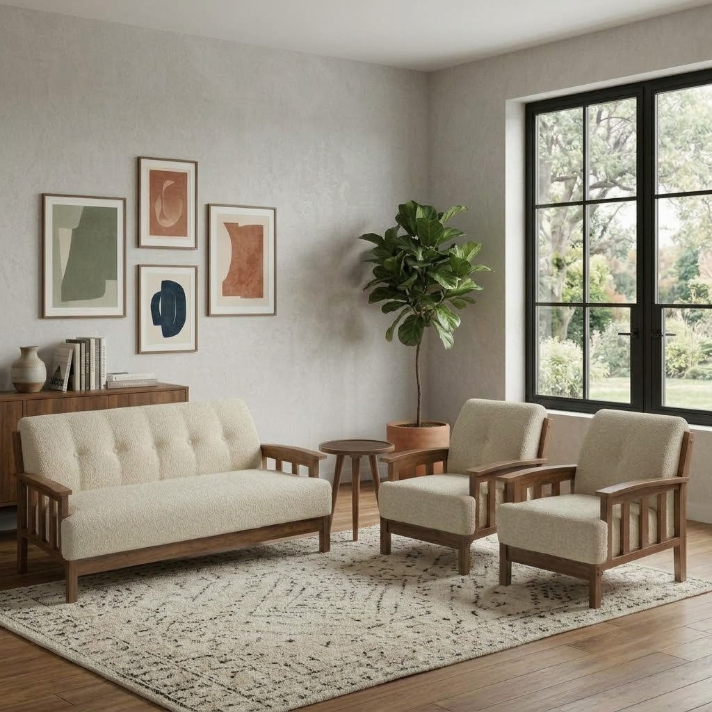Modern single-seater wooden sofa in crème boucle upholstery