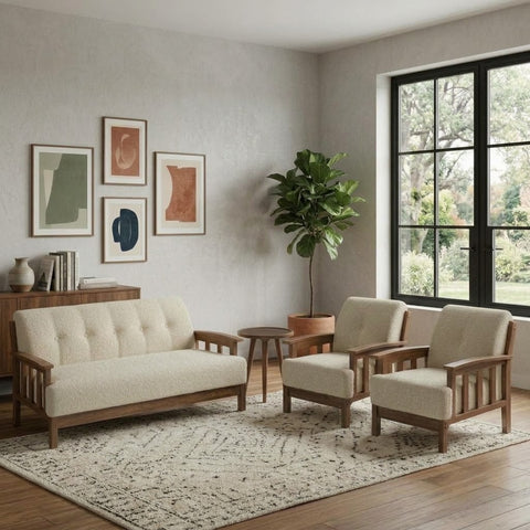 Modern single-seater wooden sofa in crème boucle upholstery