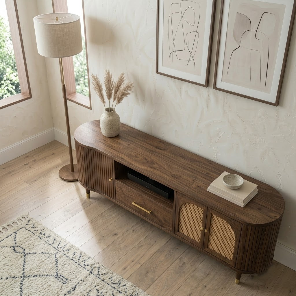 Modern solid wood entertainment unit with cane cabinet in Dark Walnut finish