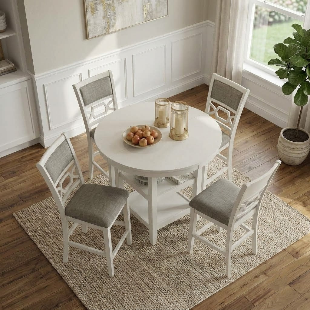 Modern white high table with four barstools for breakfast area