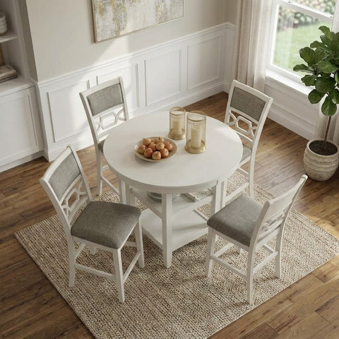 Modern white high table with four barstools for breakfast area