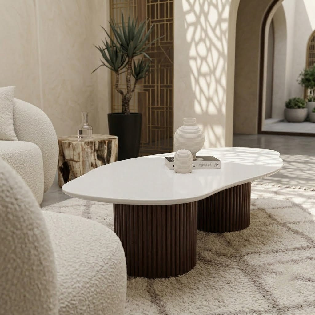 Modern white quartz coffee table with fluted brown base