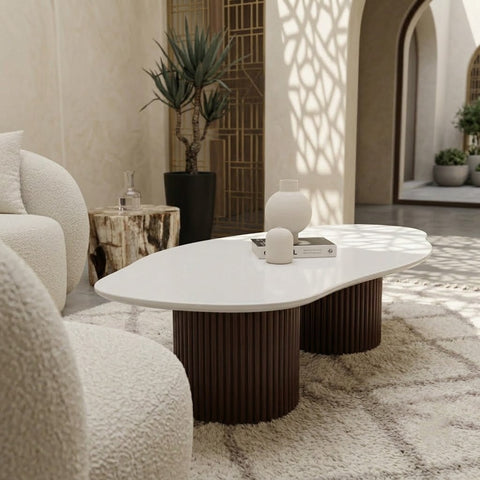 Modern white quartz coffee table with fluted brown base