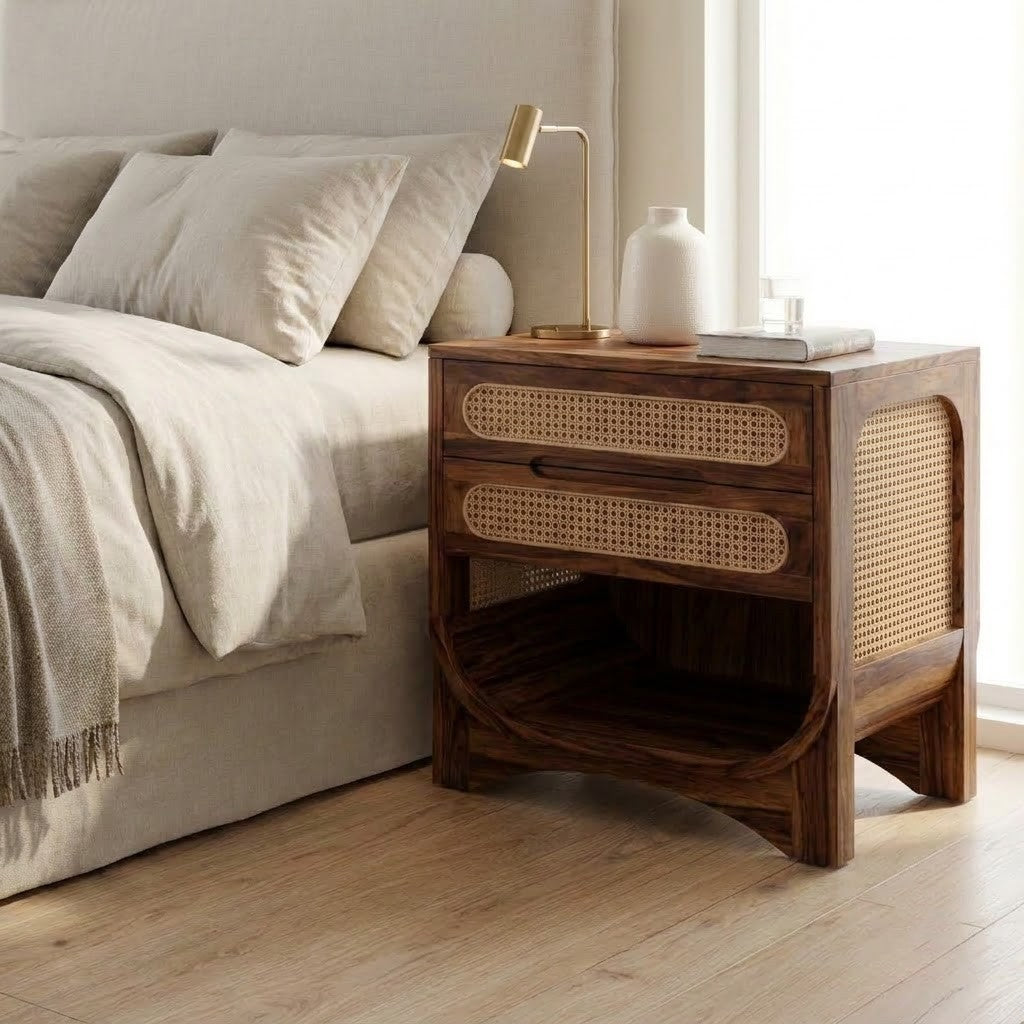 Modern wooden bedside table with cane side panels for bedroom