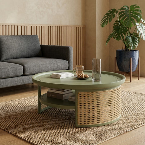 Modern wooden center table with cane panel for living room