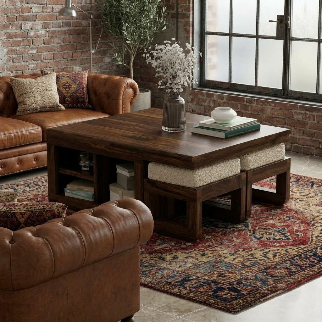 Modern wooden coffee table set with Crème Boucle fabric stool