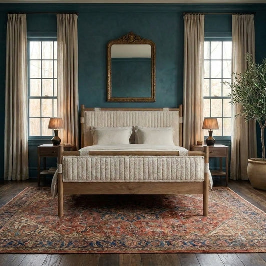 Modern wooden queen bed cot with Crème Boucle upholstered headboard
