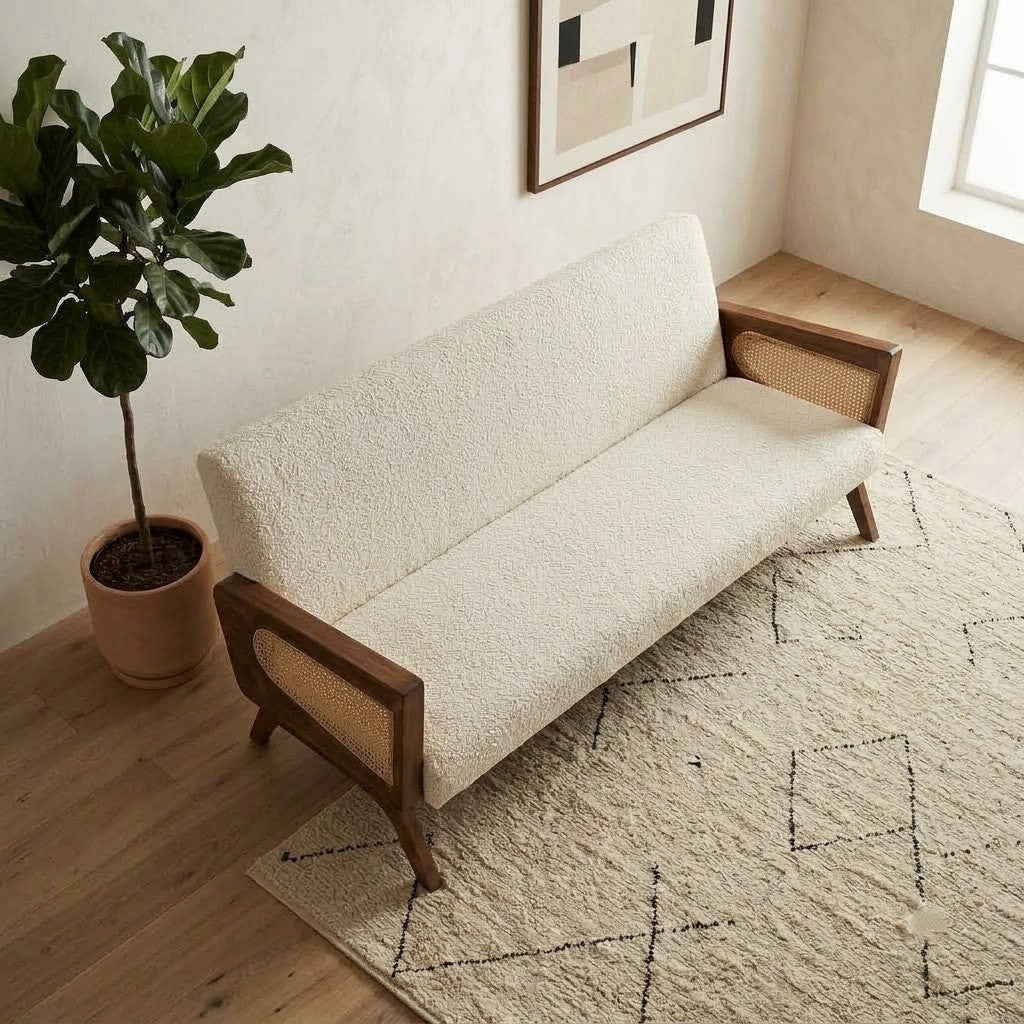 Modern wooden sofa set with textured Crème Boucle upholstery
