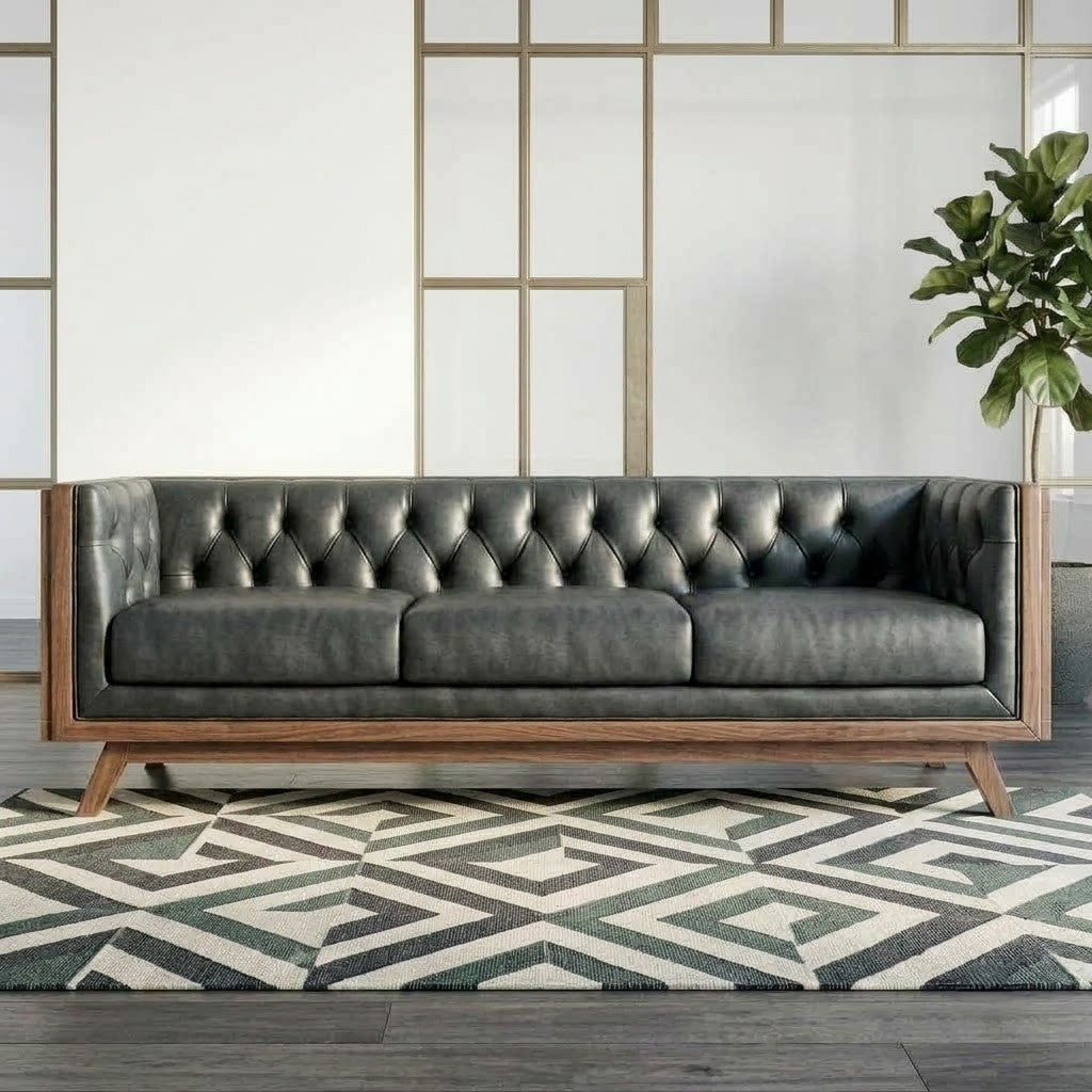 Modern wooden sofa with natural cane panels and tufted black backrest