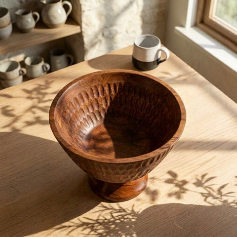 Natural Acacia wood serving bowl with pedestal base
