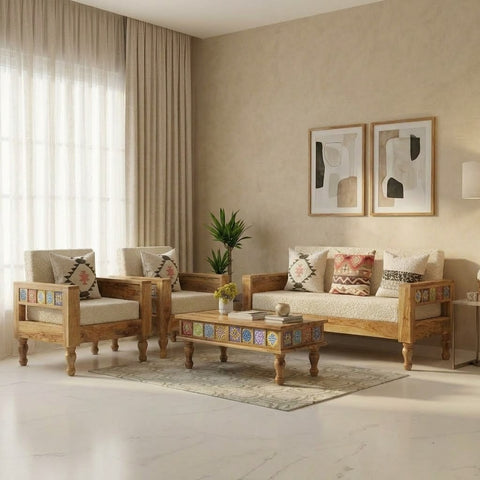 Natural Mango finish five seater wooden sofa set