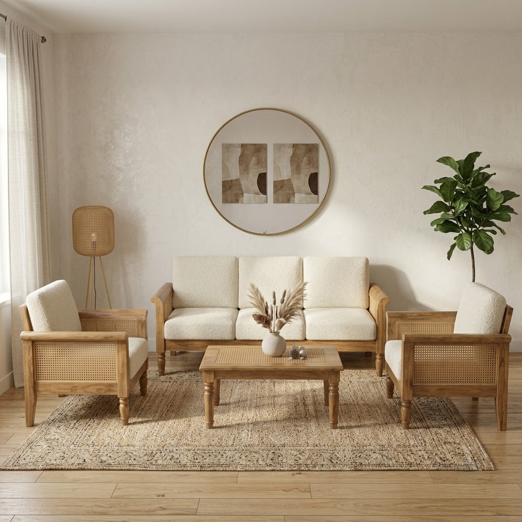 Natural Mango finish sofa with Crème Boucle upholstery