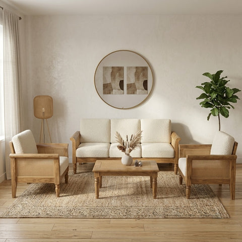Natural Mango finish sofa with Crème Boucle upholstery