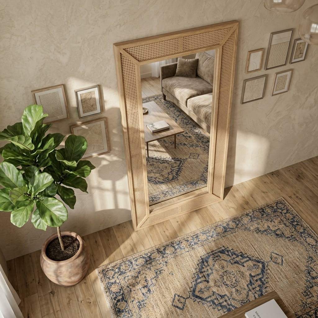 Natural cane wall mirror for entryway décor