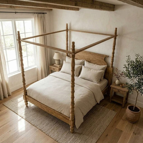 Natural mango wood king size canopy bed for bohemian bedroom décor