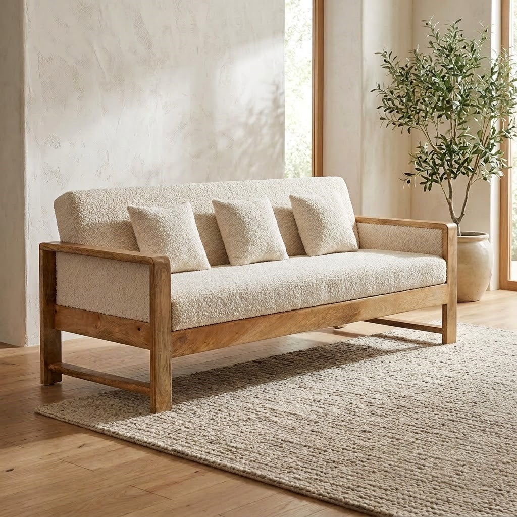 Natural mango wood sofa with crème boucle upholstery for living room