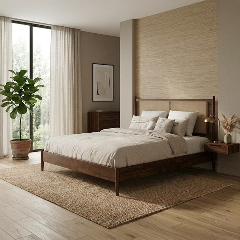 Natural wood PRTIT cane bed with woven rattan detailing