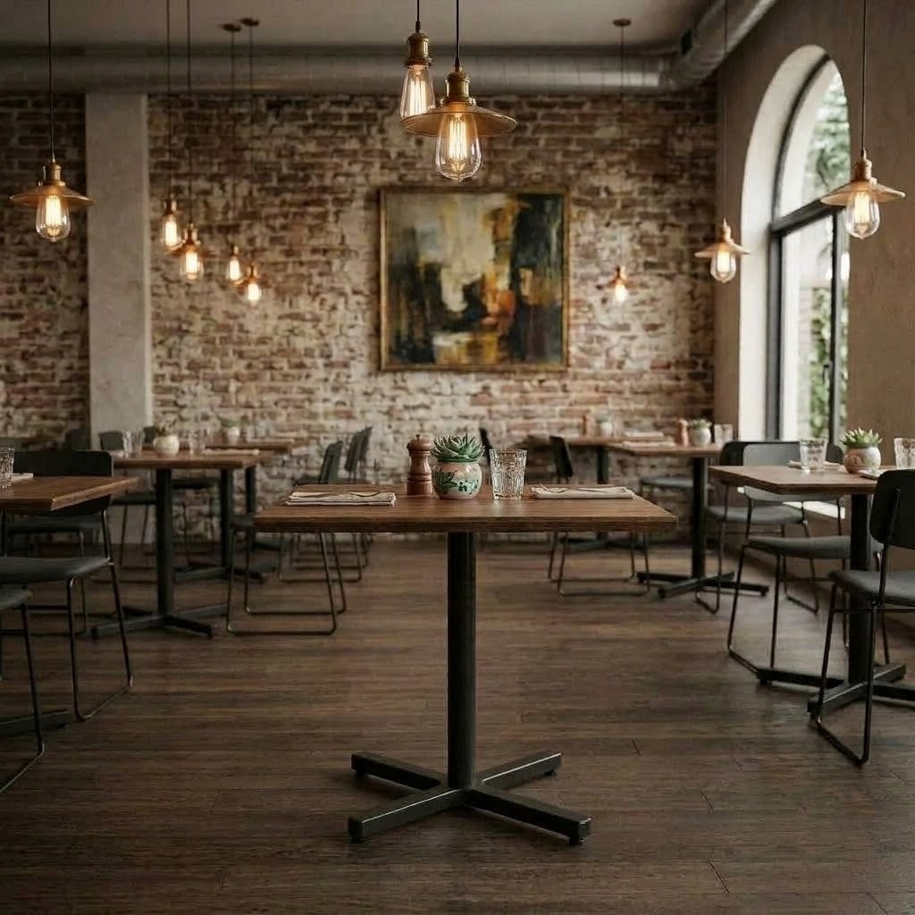 Open Office Square Table in Teak with Black Metal Stand