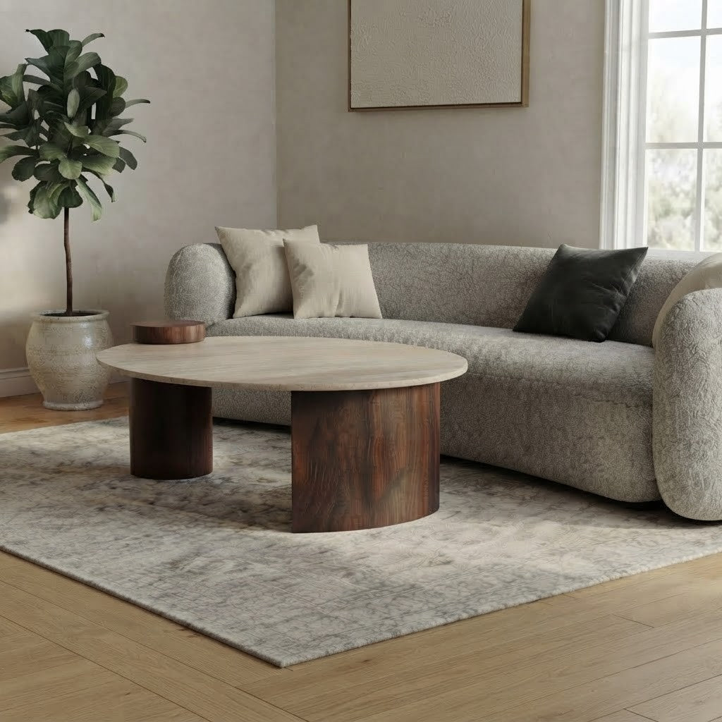 Organic Shape Travertine Coffee Table with Solid Sheesham Wood | PRITI