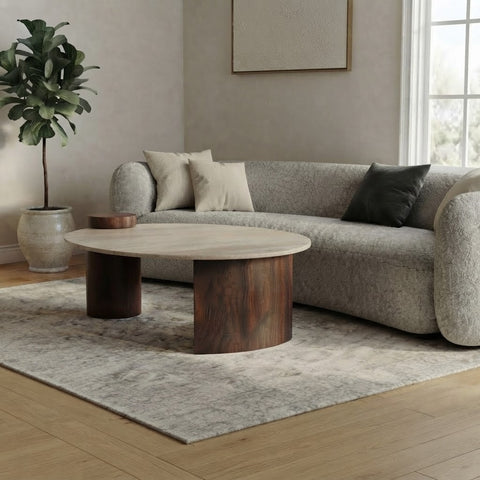 Organic Shape Travertine Coffee Table with Solid Sheesham Wood | PRITI
