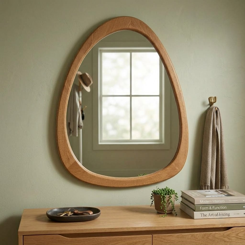 Organic shaped wood wall mirror for bathroom